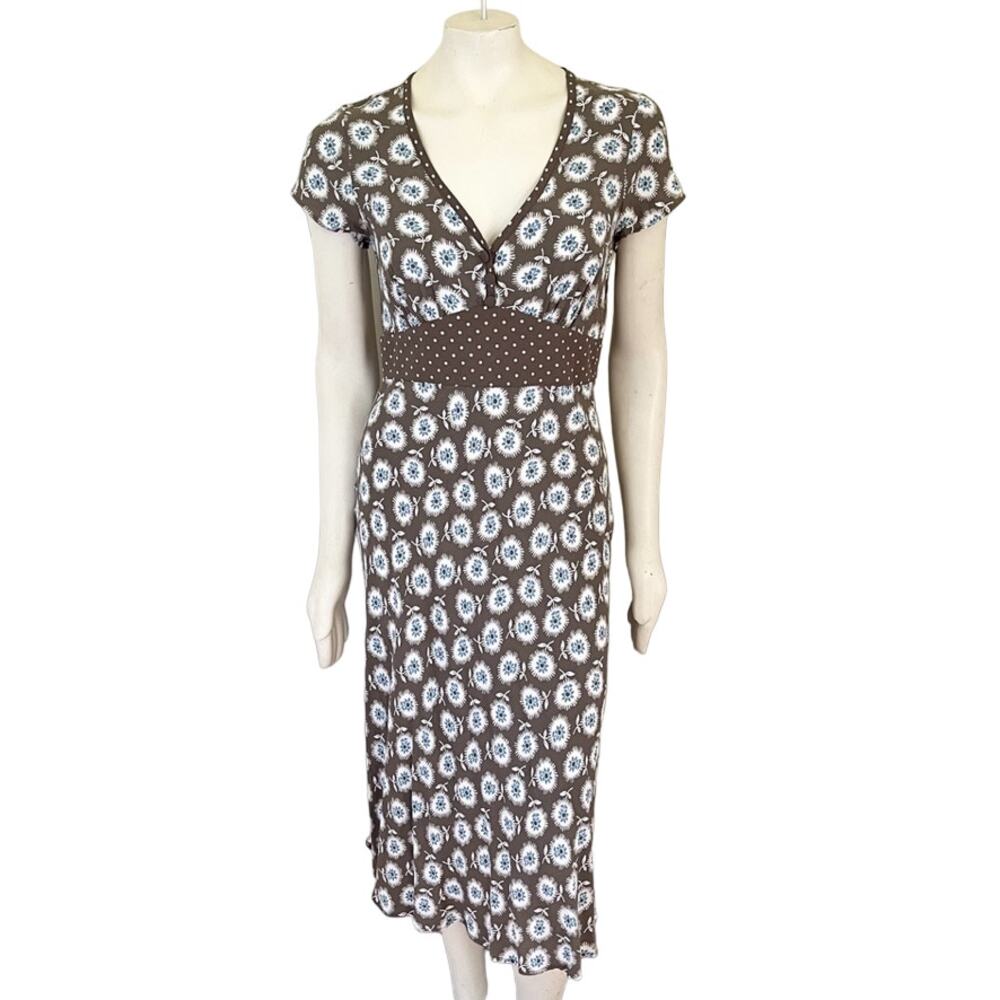 Boden Brown Floral Midi Dress with White and Blue Details